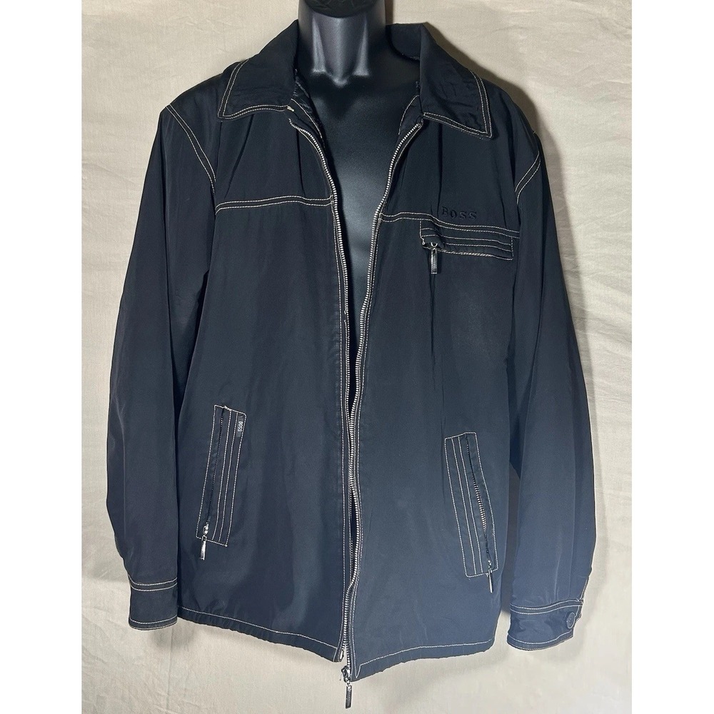 Vintage Hugo Boss Mens Black Full Zip Jacket Contrast Stitch Quilted Lined Large